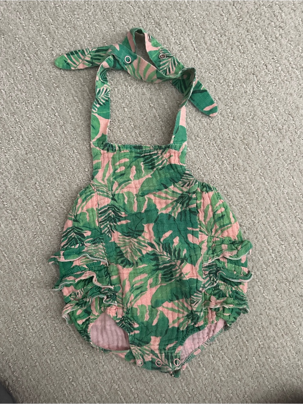 Angel Dear Green and Pink Tropical Leaf Tie-Shoulder Romper